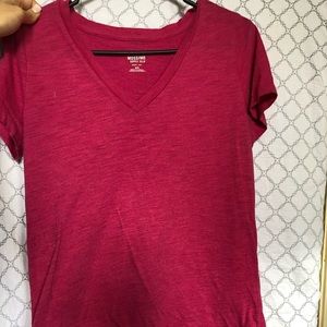 Hot pink, shirt sleeve, v-neck tee.